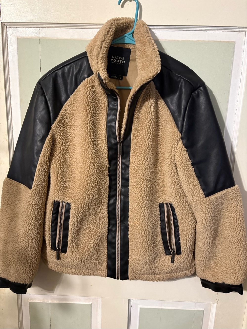 NATIVE YOUTH Tan Sherpa Jacket with Black Panels